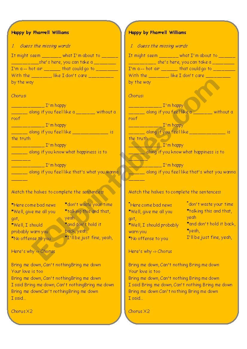 Happy, Song lyrics worksheet. 