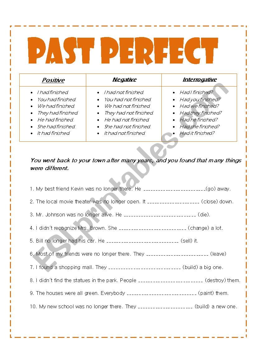 past perfect worksheet