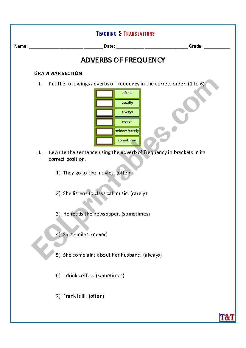 Adverbs of Frequency worksheet