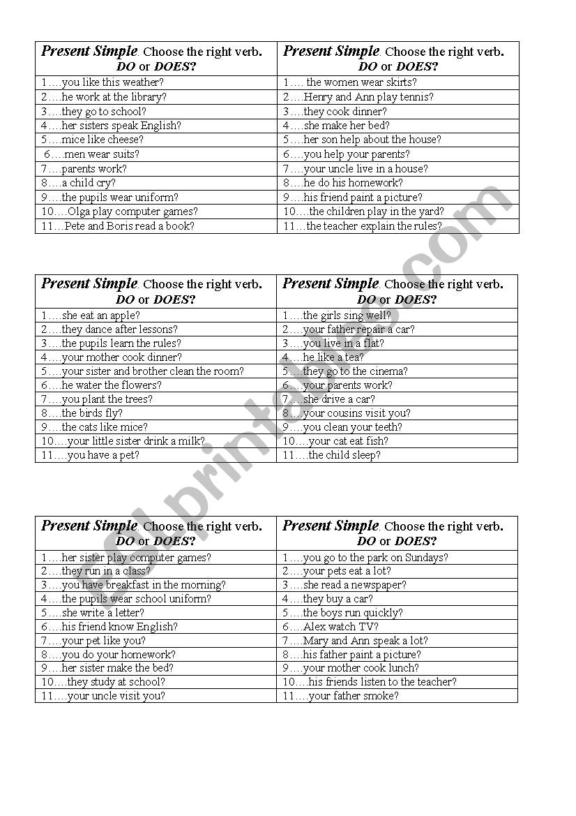 present simple worksheet