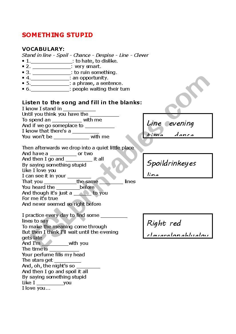 Something stupid: song sheet worksheet