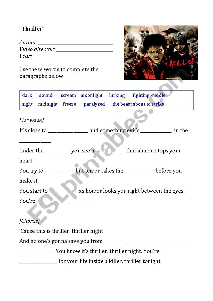 Thriller cloze worksheet