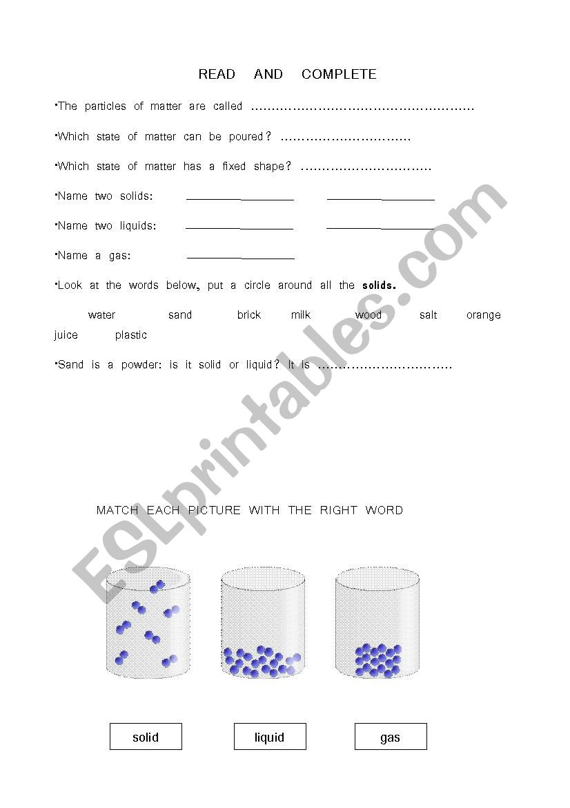 Matter test worksheet