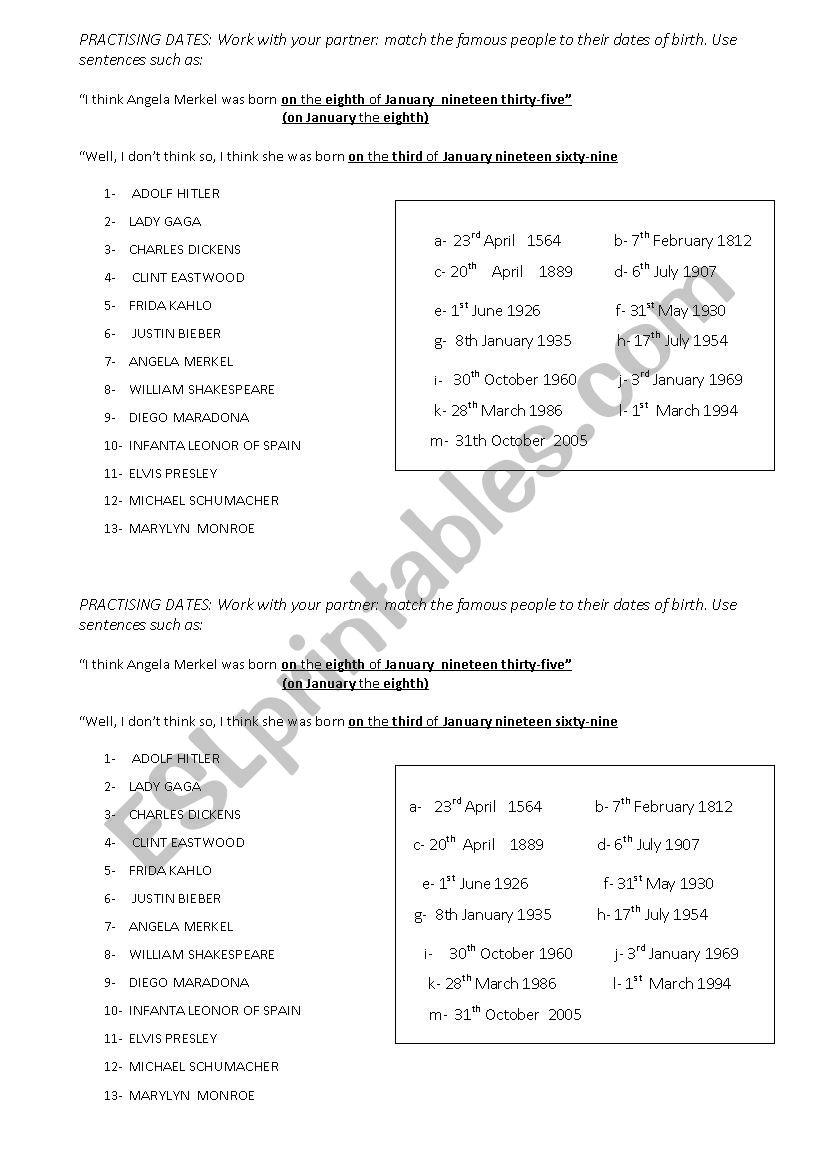 FAMOUS PEOPLE. DATES OF BIRTH worksheet