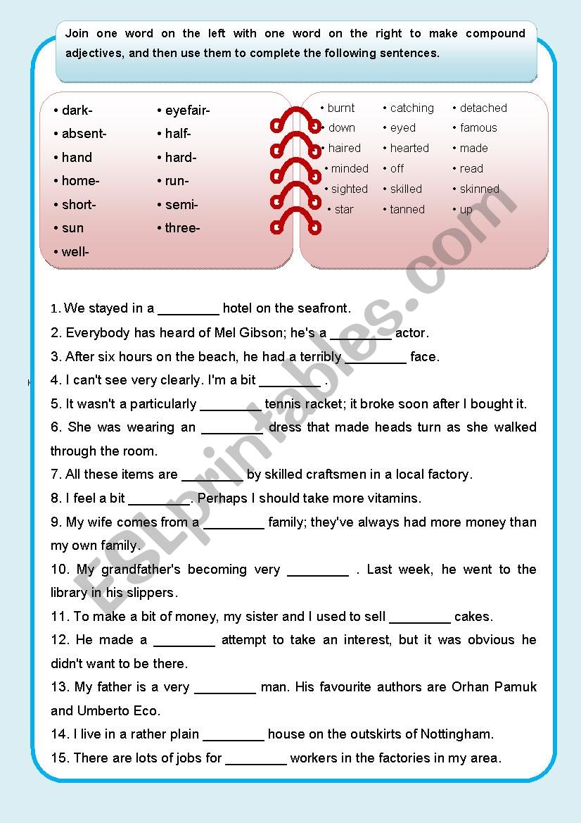 Compound Adjective Worksheet Dowland