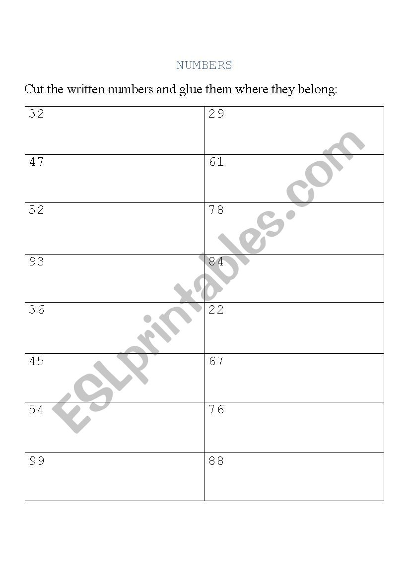 NUMBERS FROM 20 TO 99 worksheet