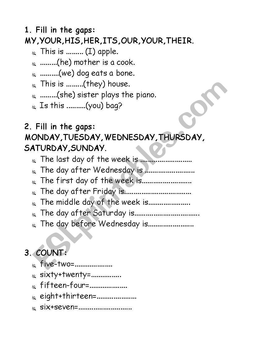 Numbers days possesive pronouns Numbers days possesive pronouns