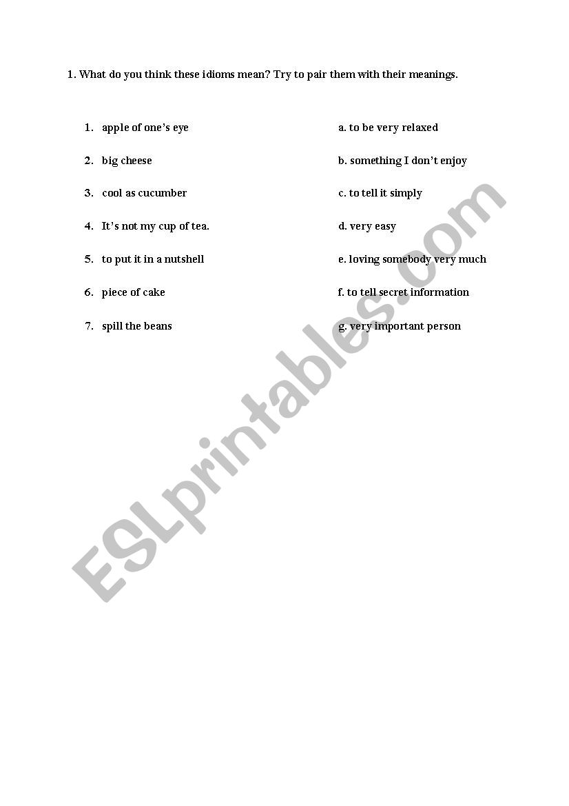 Idioms containing a food name worksheet