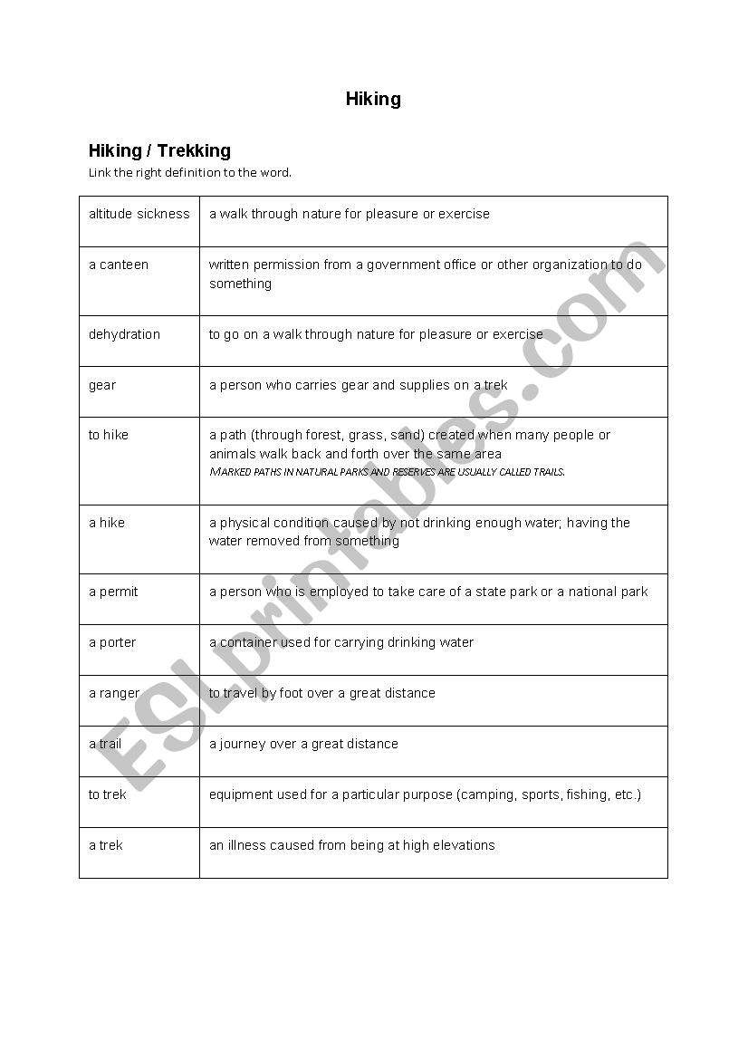 Hiking vocabulary worksheet