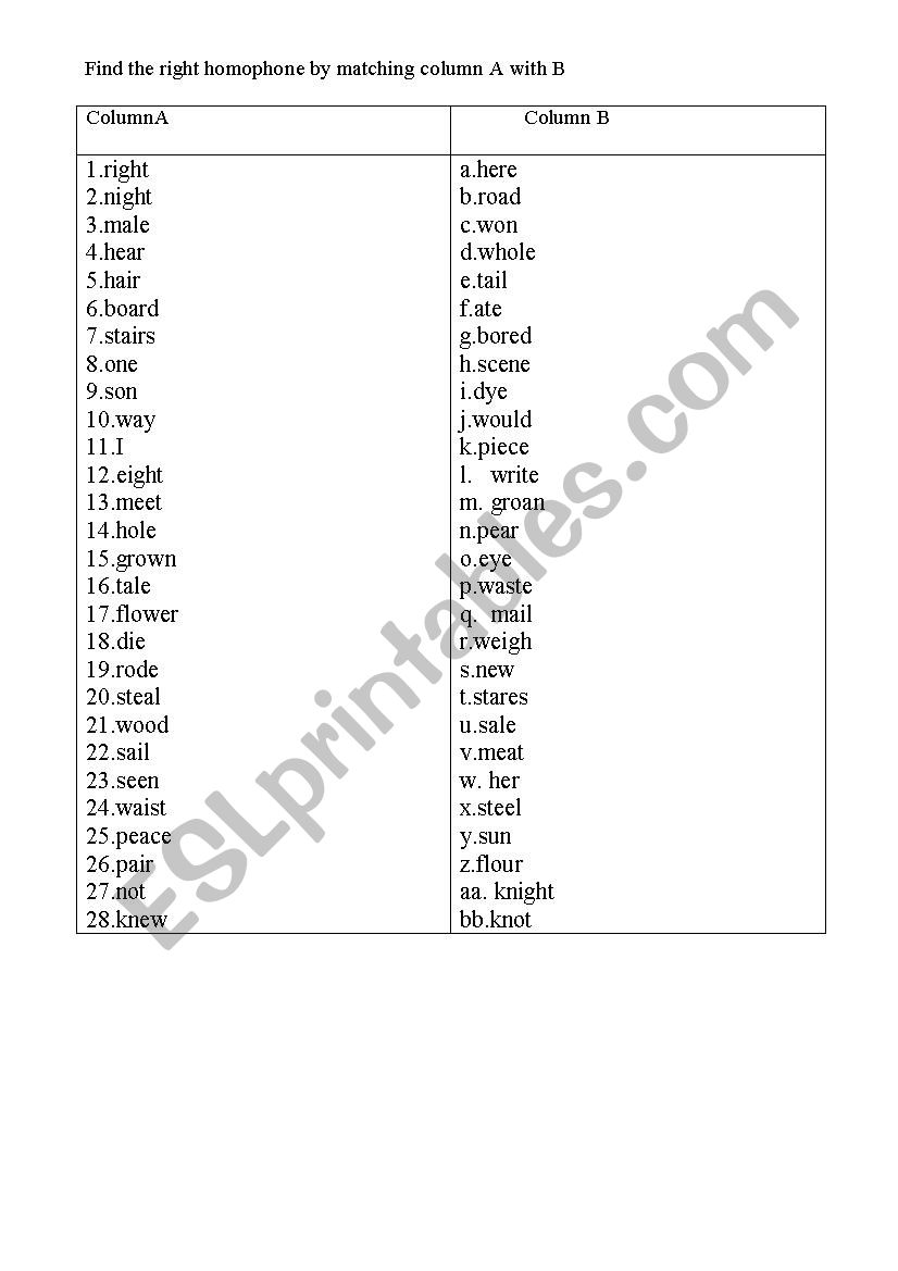 match homophones worksheet