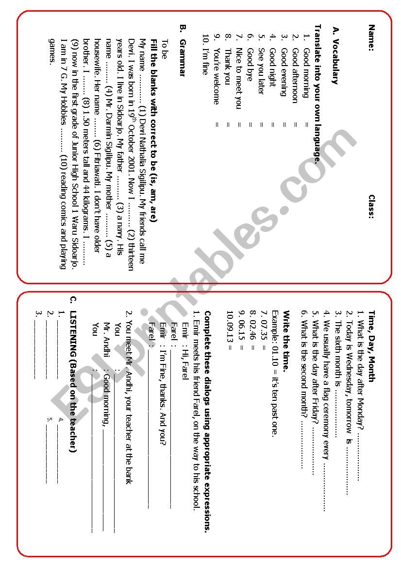 date, time, greeting worksheet