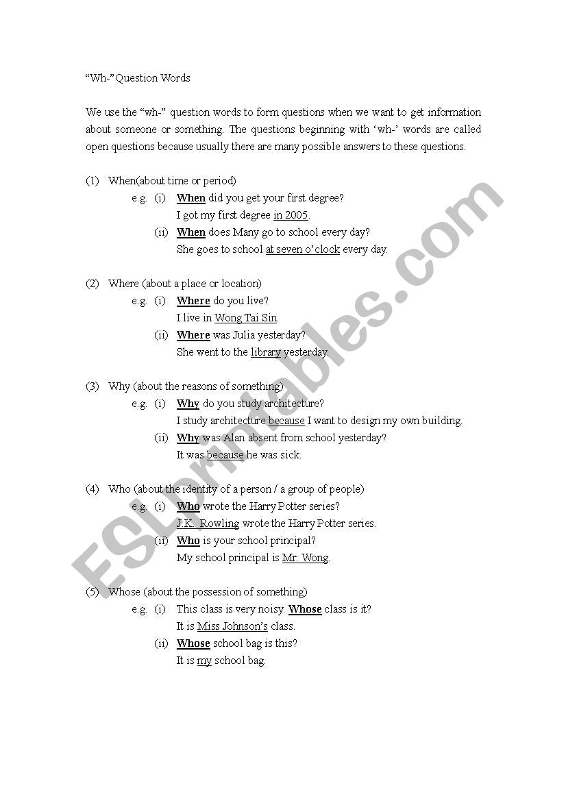 wh-words worksheet