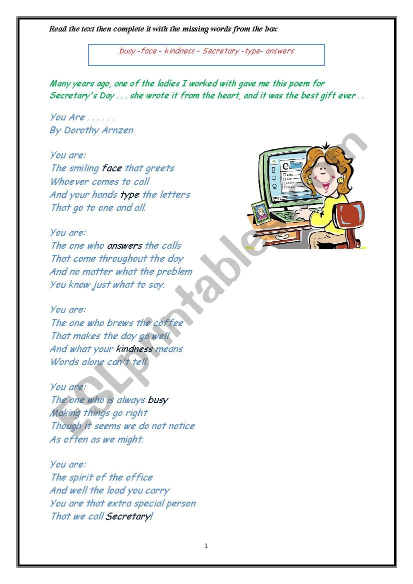 POEM ABOUT SECRETARY worksheet