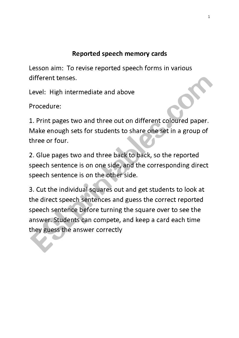 Reported speech memory game worksheet