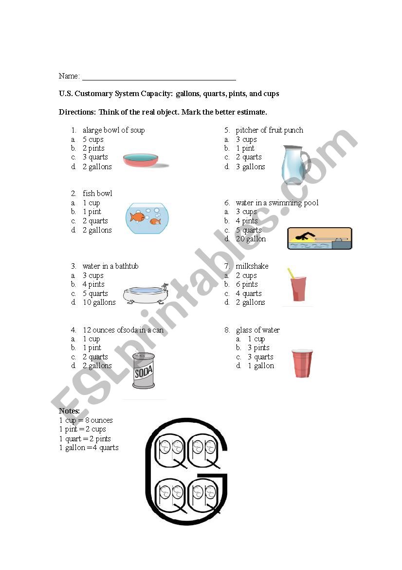 U.S. Customary System  Capacity: gallons, quarts, pints, and cups 