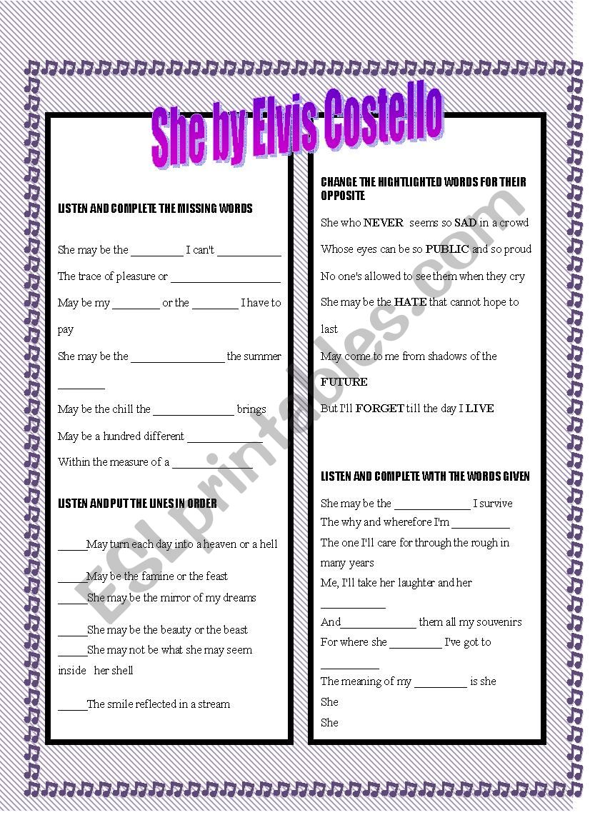 Song - She by Elvis Costello worksheet