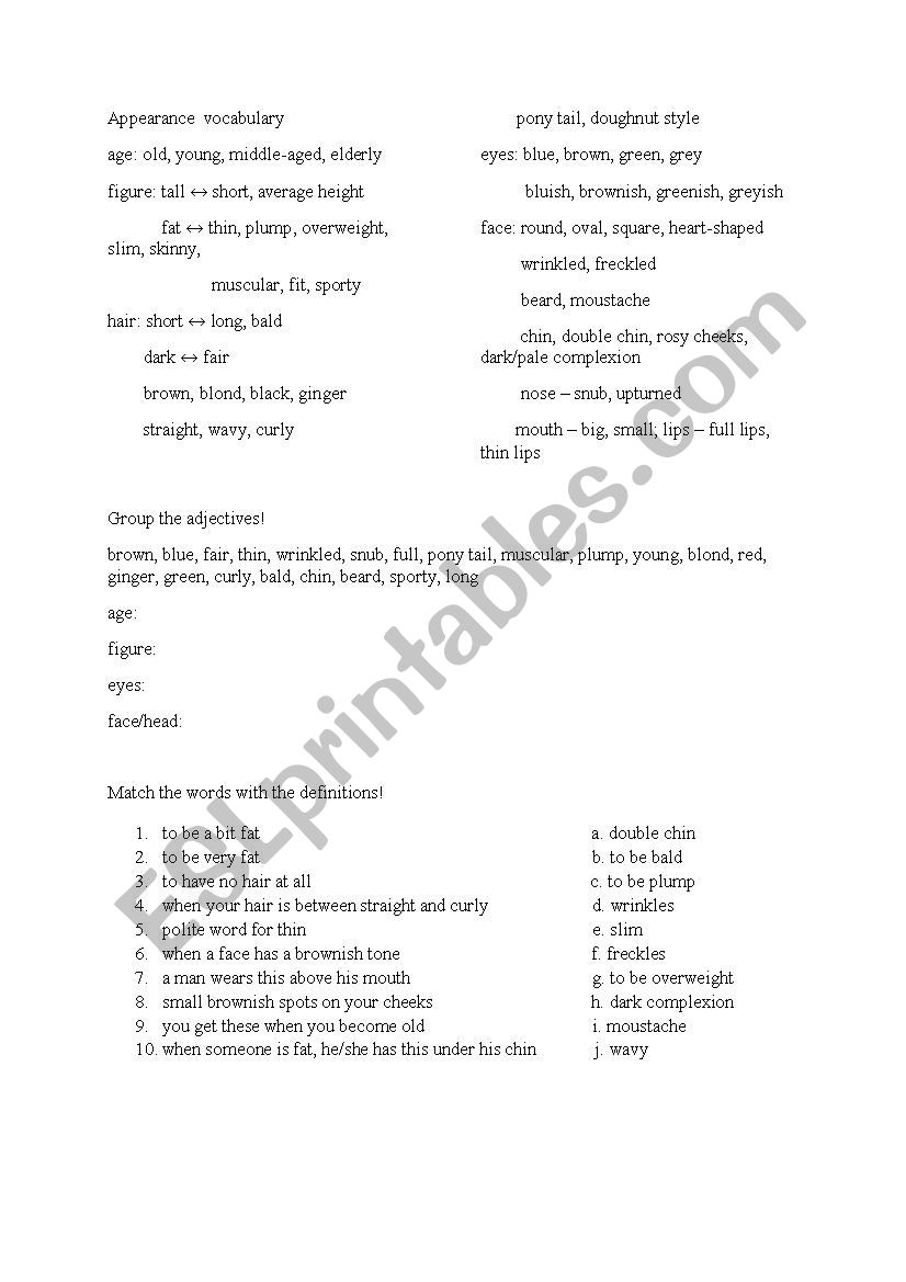 Appearance+Personality worksheet