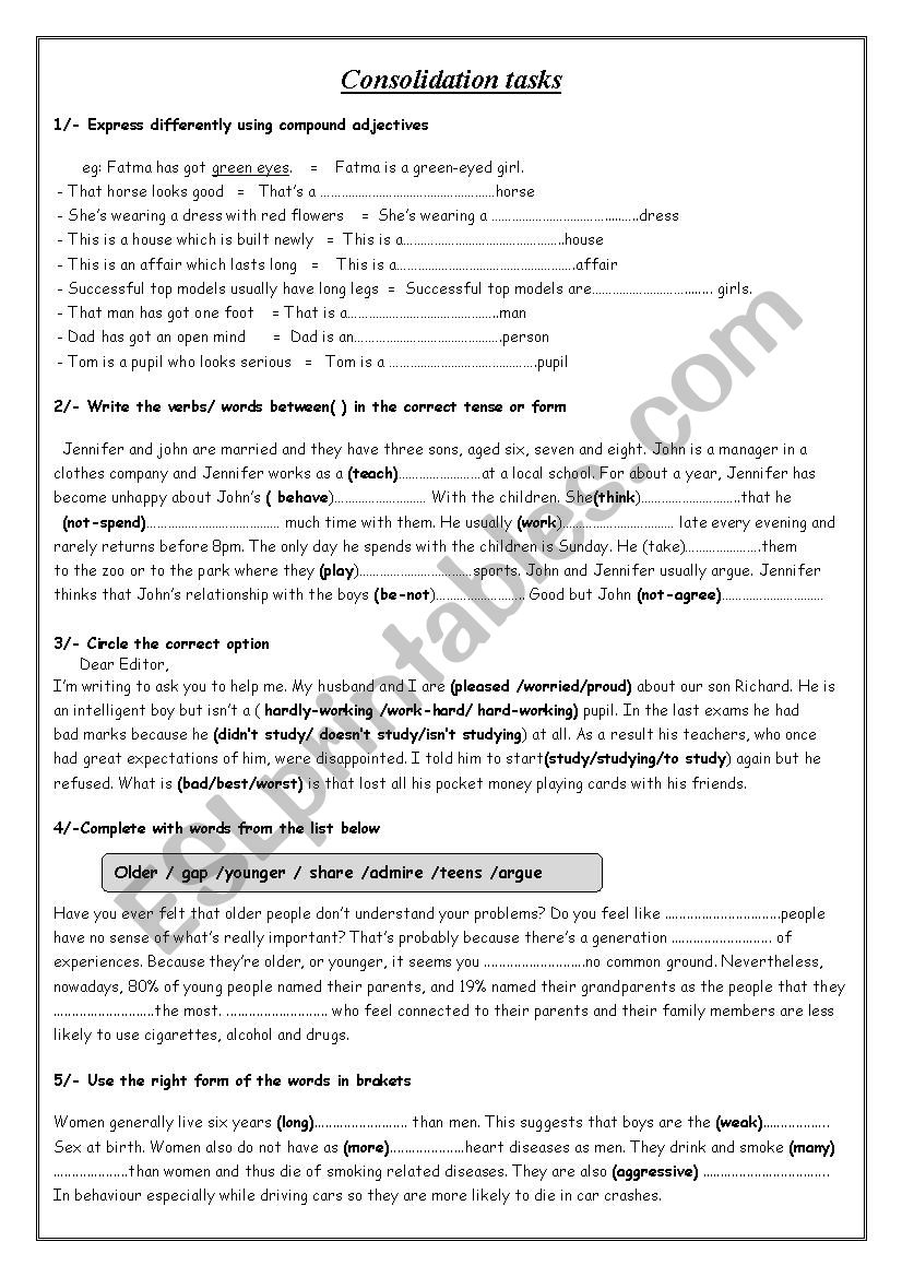 Consolidation Tasks worksheet