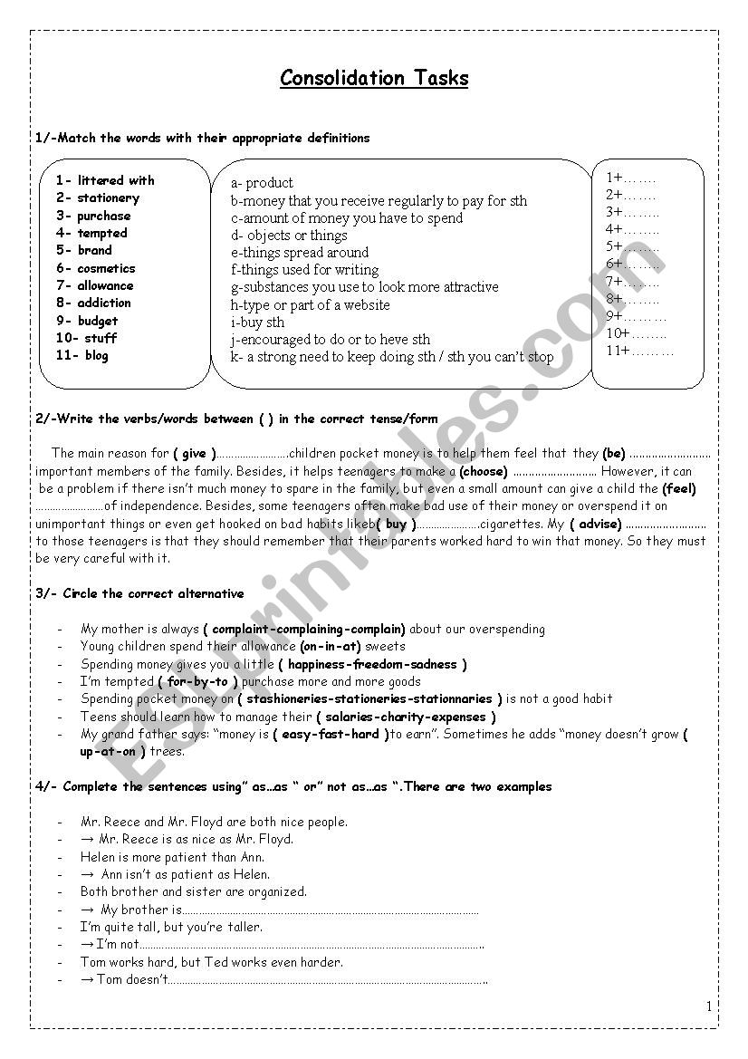 Revision Module 1 9th formers worksheet