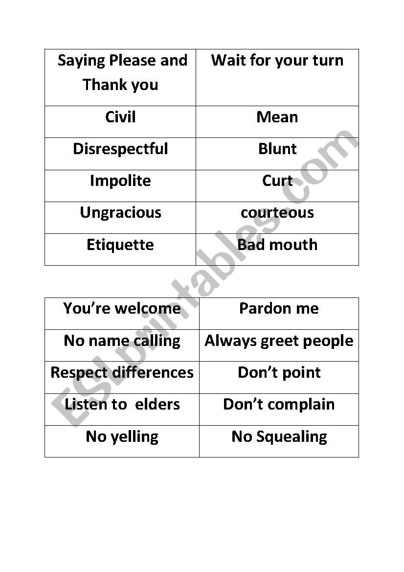 Good And Bad Manners Game worksheet
