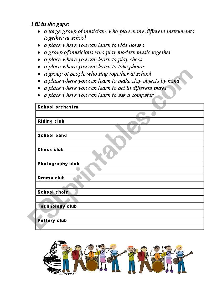 School activities worksheet