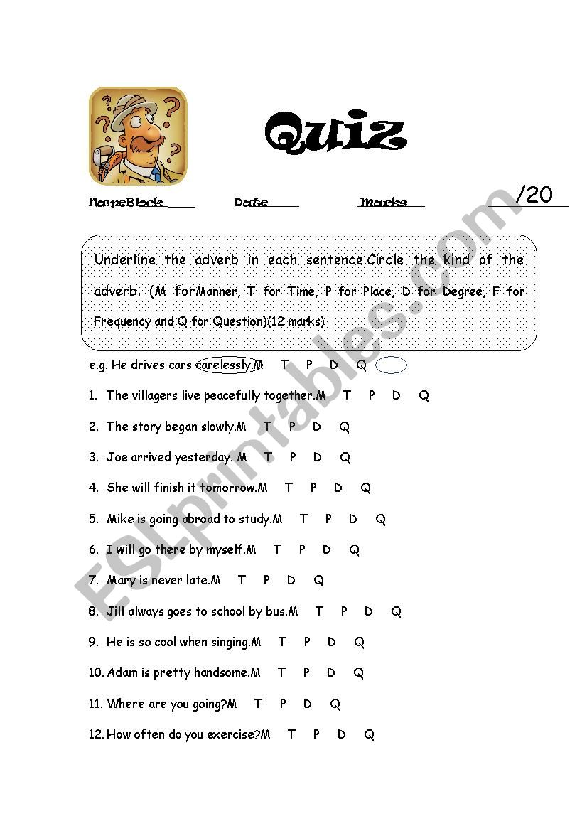 Quiz of adverbs worksheet