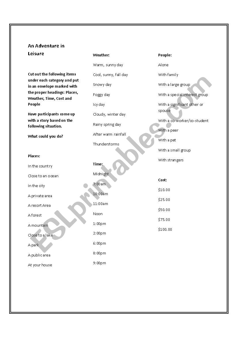 An adventure in leisure worksheet