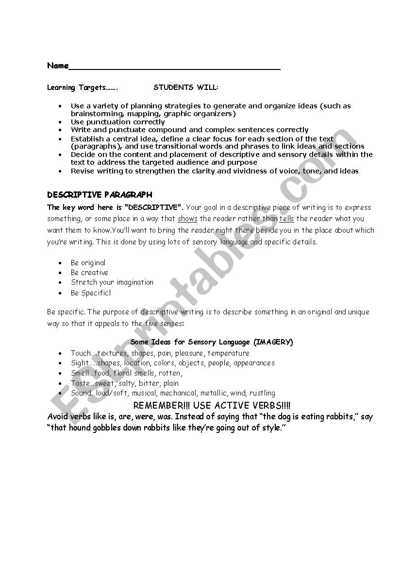 Writing Assessment worksheet