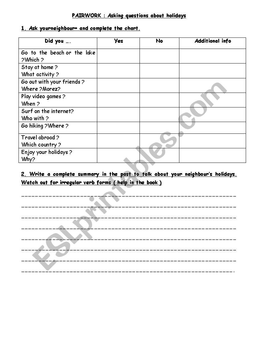 Pairwork Holidays worksheet