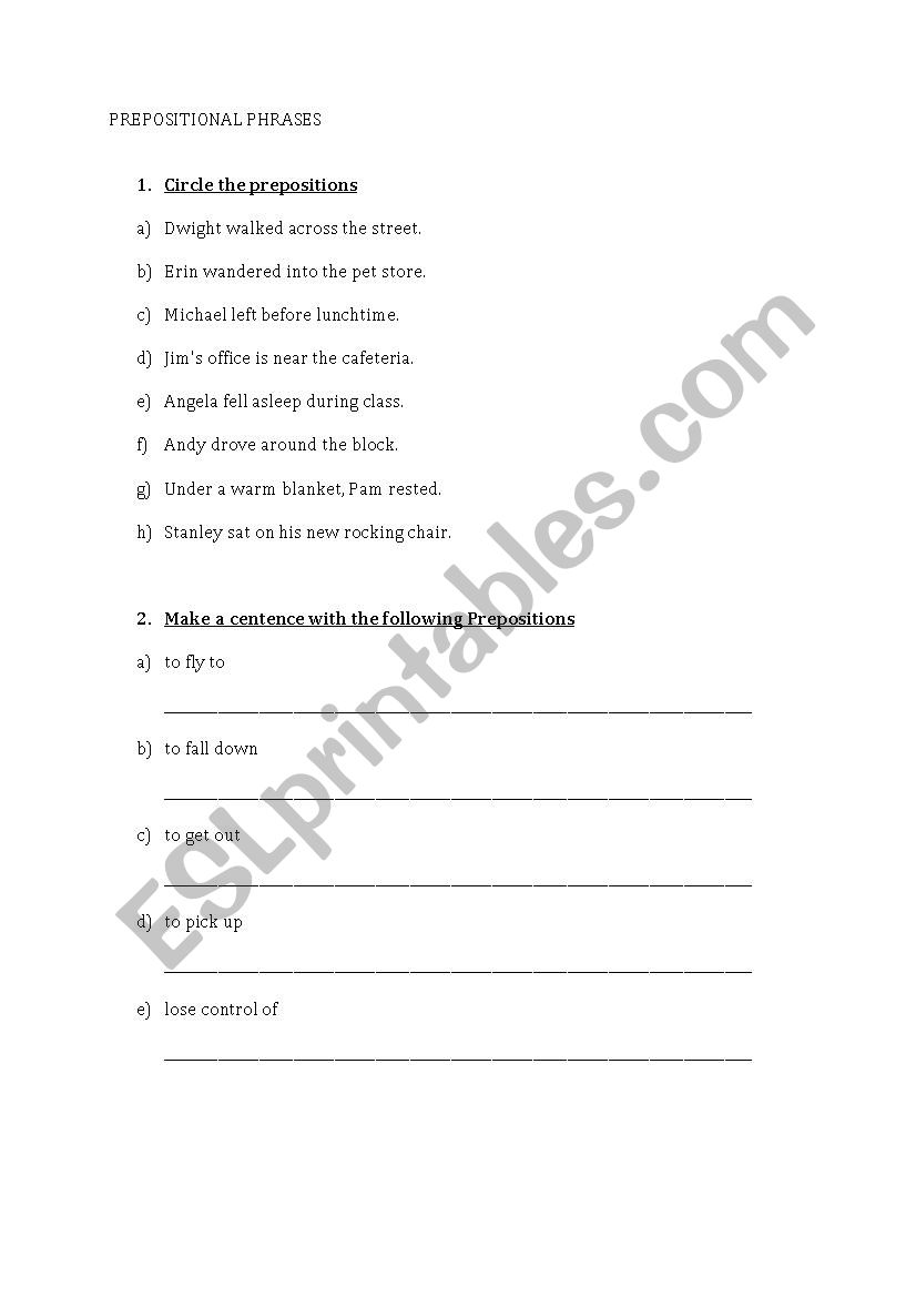 Prepositional Phrases worksheet