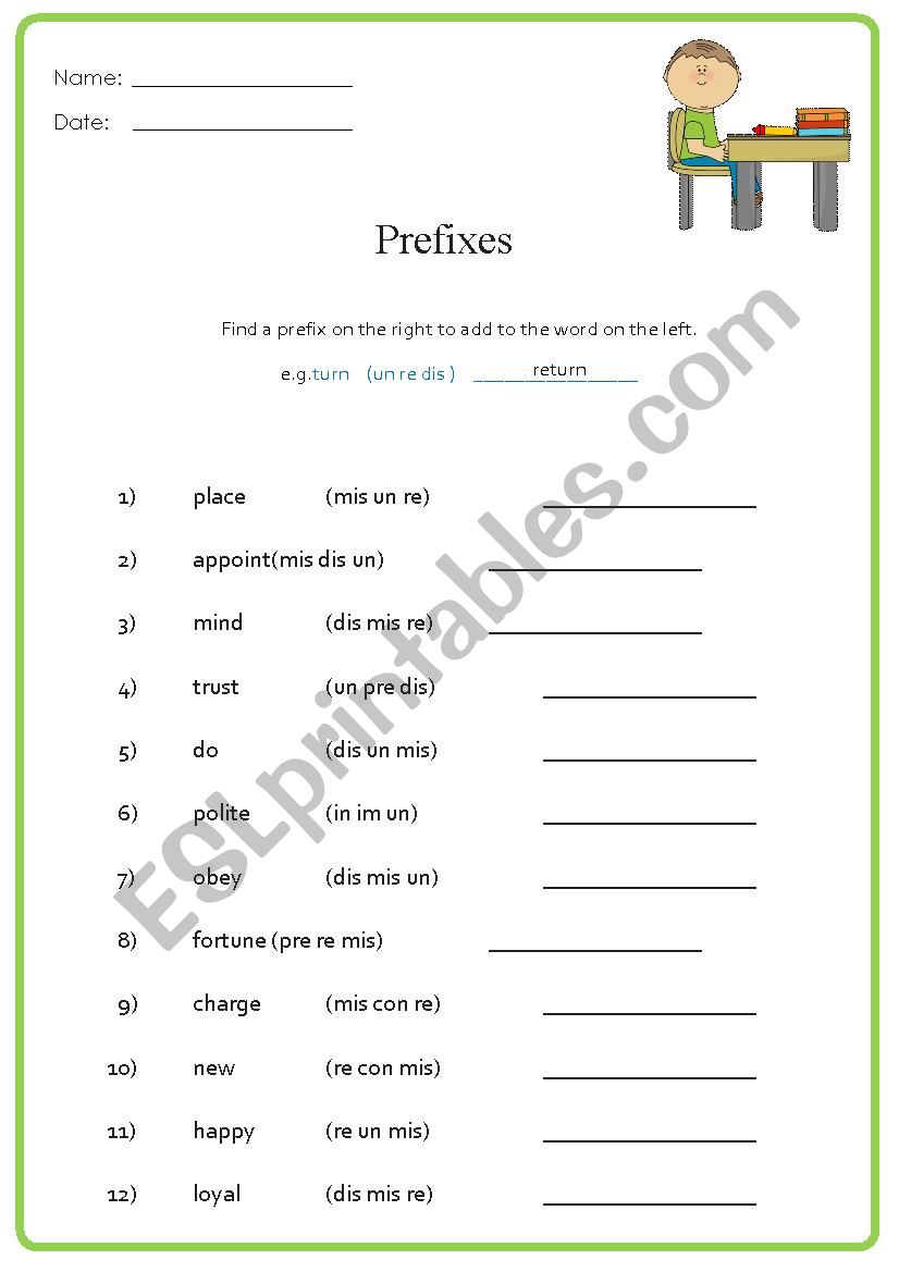 Prefixes worksheet