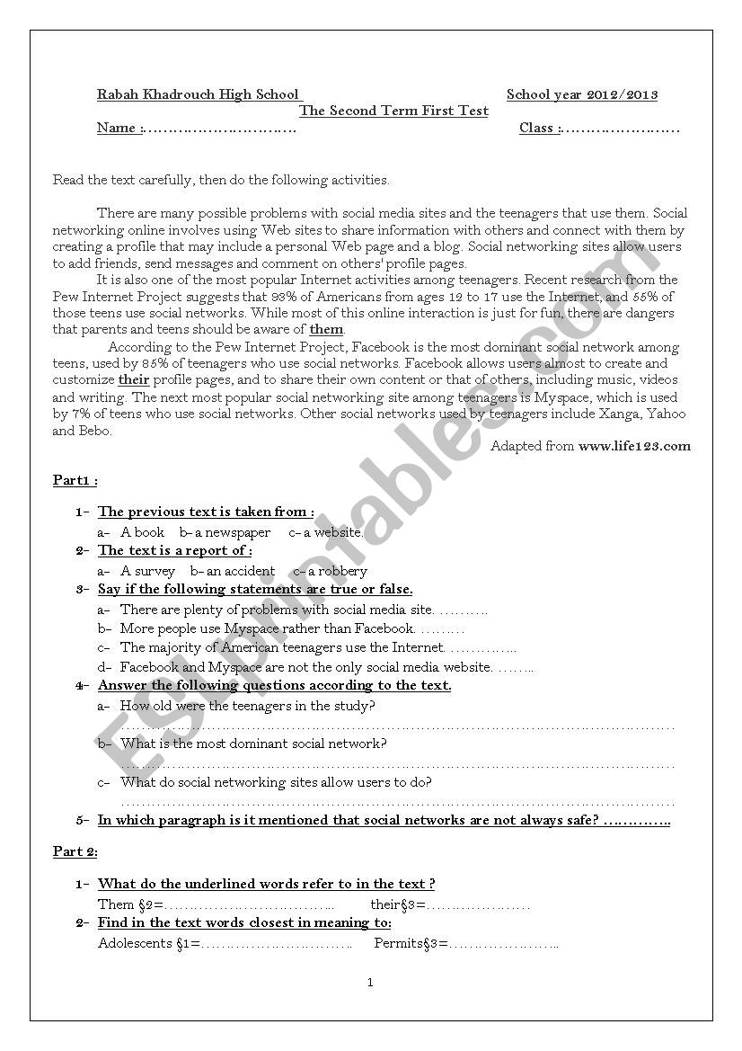 social media websites worksheet