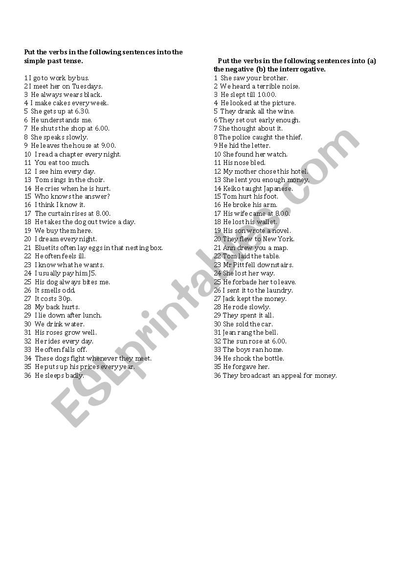 Past tense Exercises worksheet