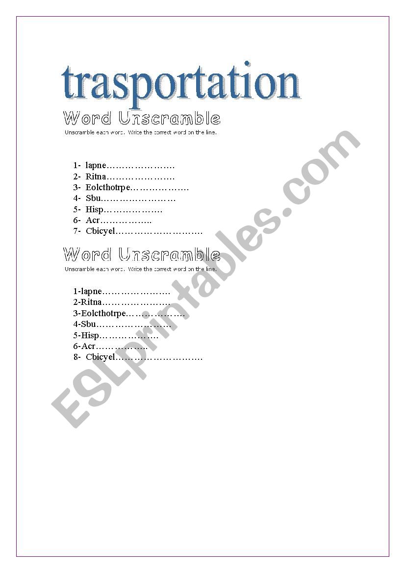 unscramble words / transportation