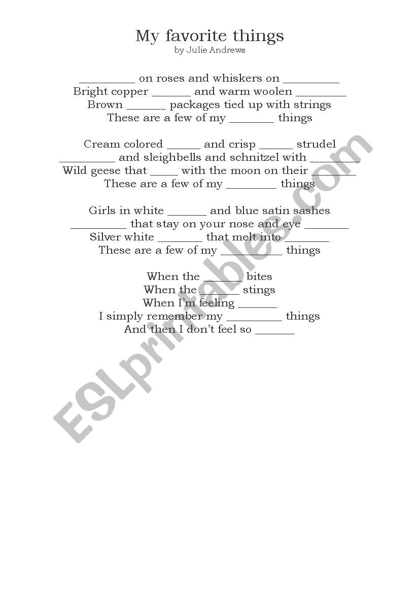 My favourite things song worksheet
