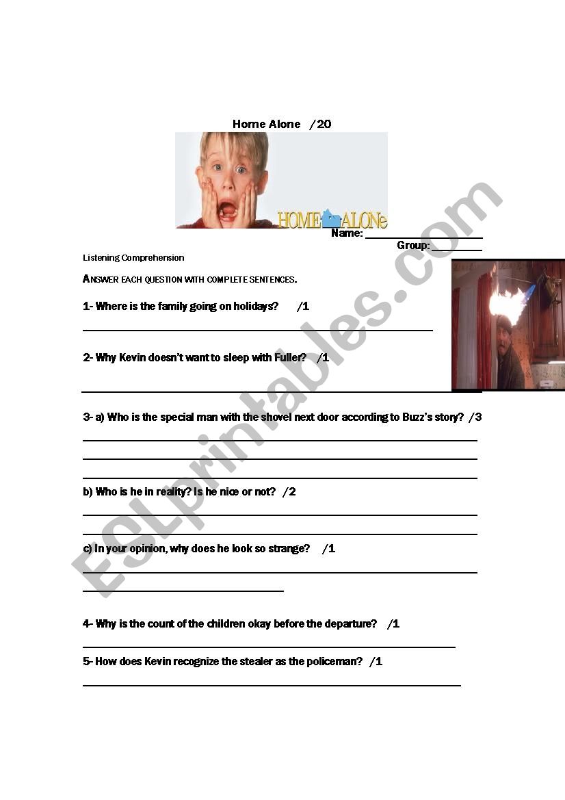 Home Alone movie worksheet worksheet