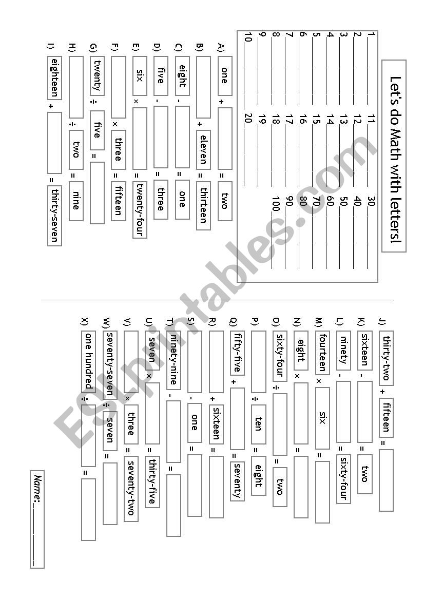 Basic Math with Letters worksheet