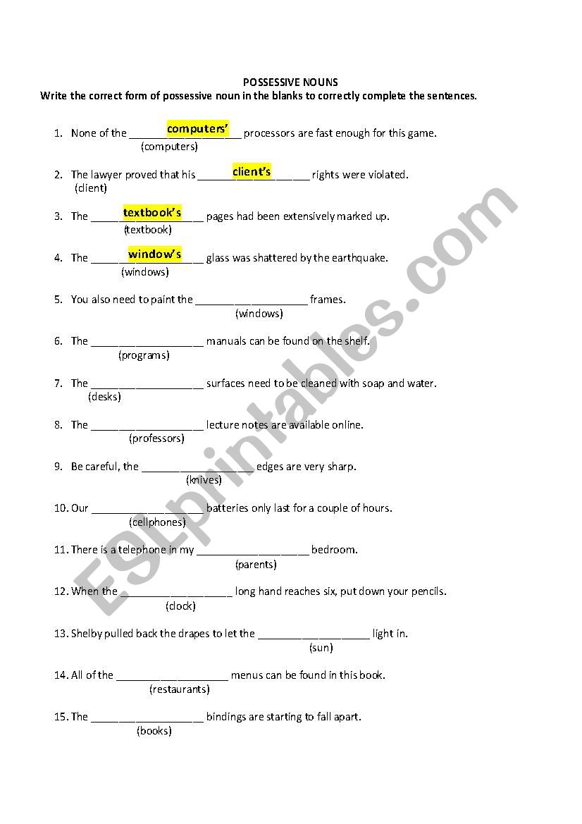 POSSESSIVE NOUNS worksheet