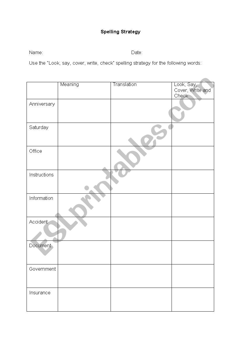Spelling words on Forms worksheet