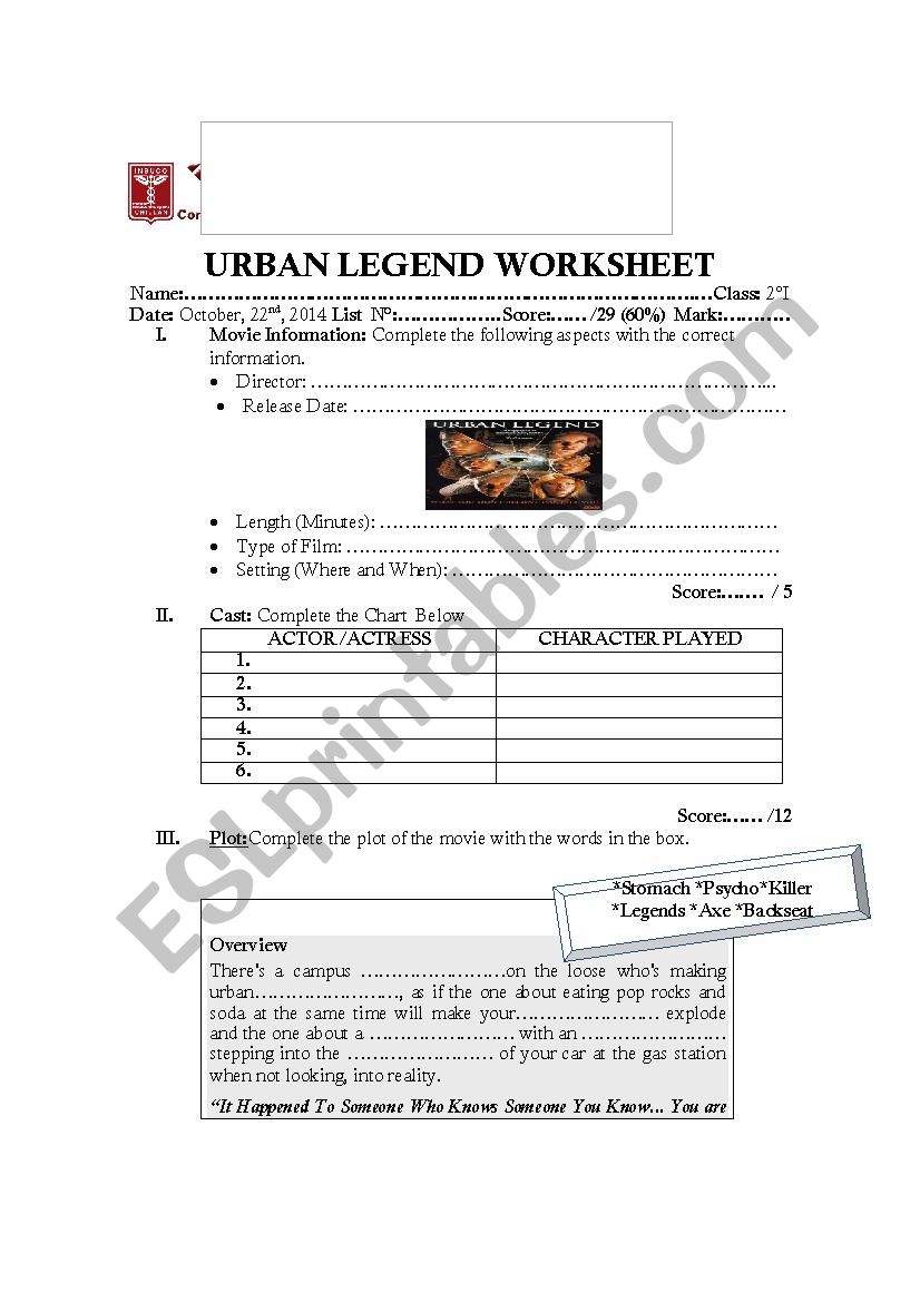 URBAN LEGEND worksheet
