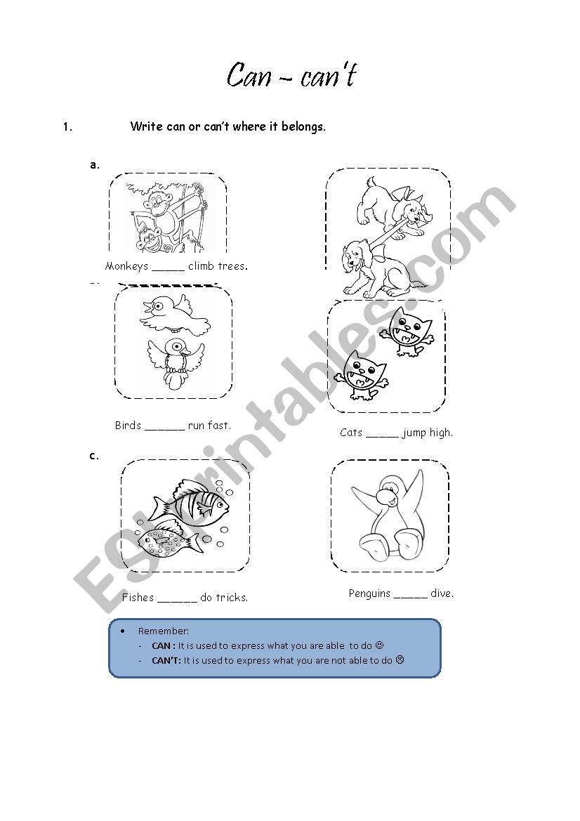 Can - Cant  worksheet