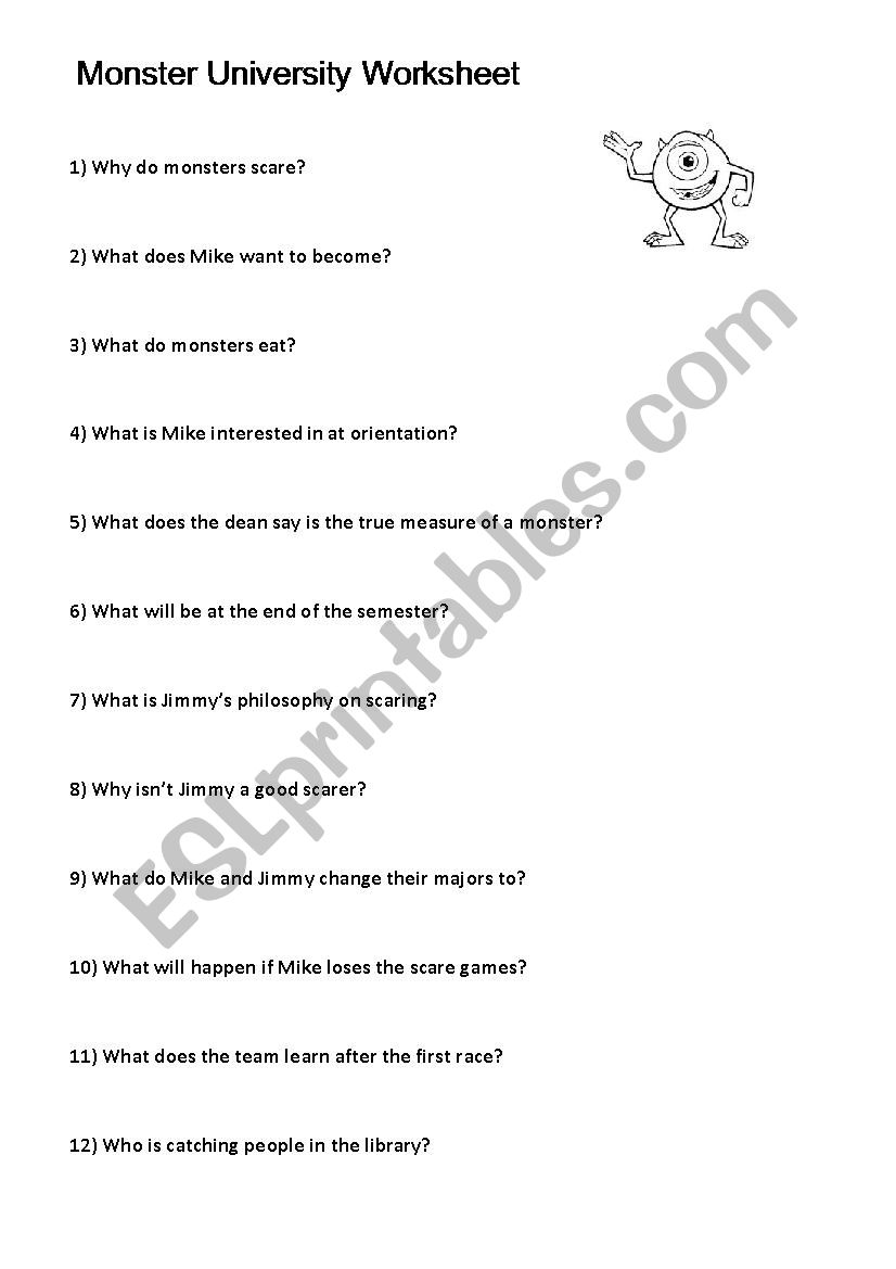 Monster University Worksheet worksheet