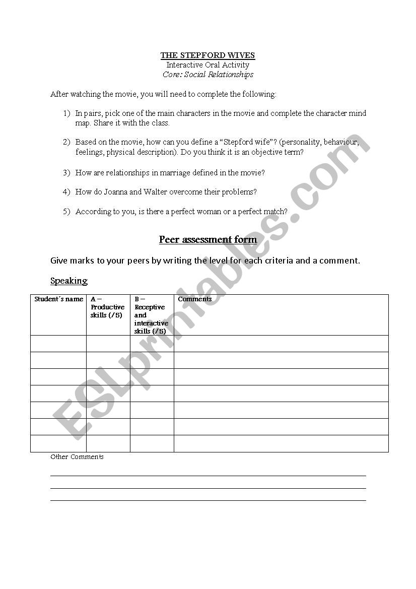The Stepford Wives - Oral worksheet