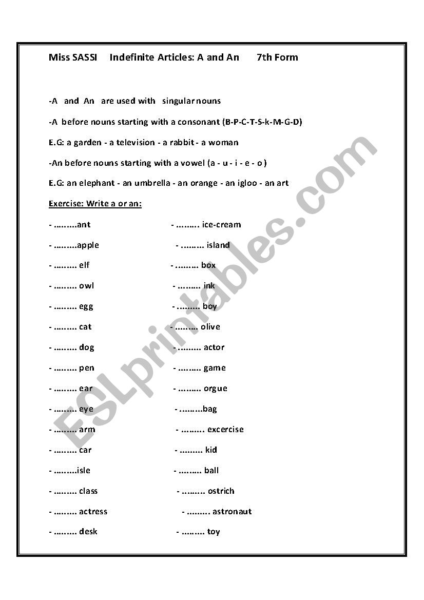 articles worksheet