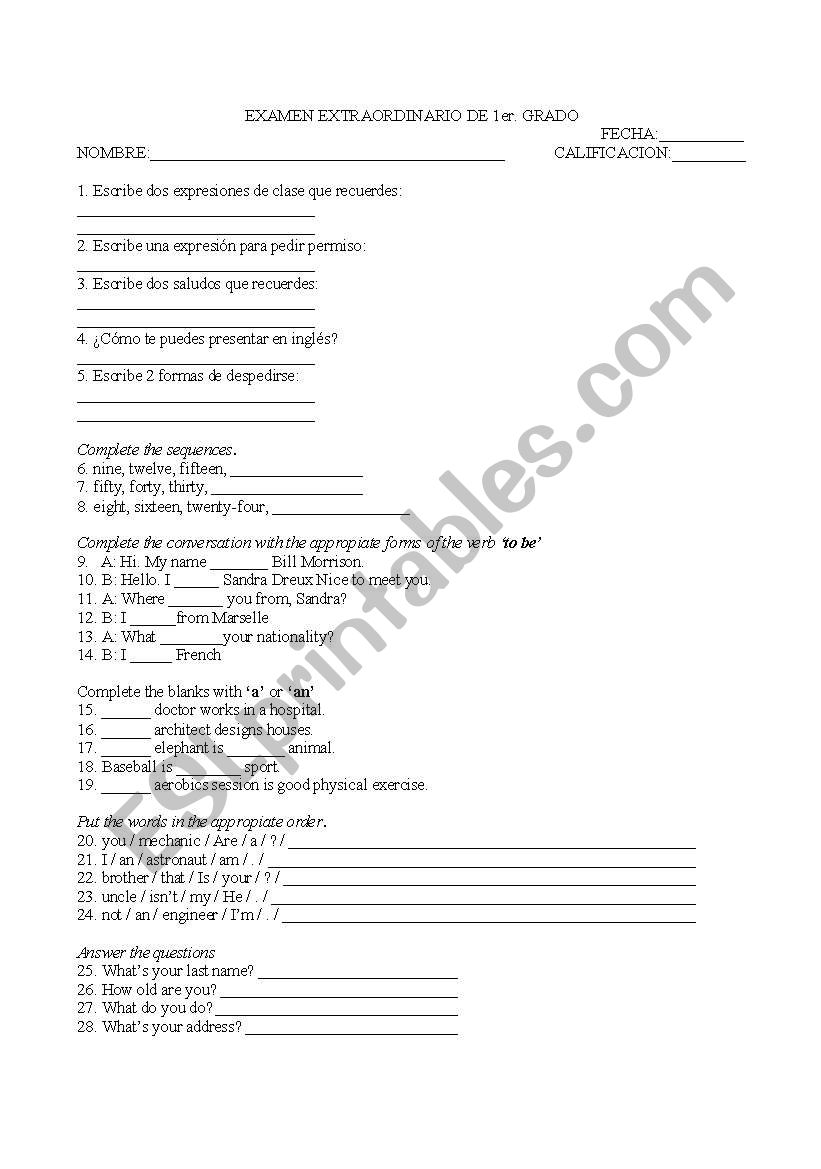 exam for first grade worksheet