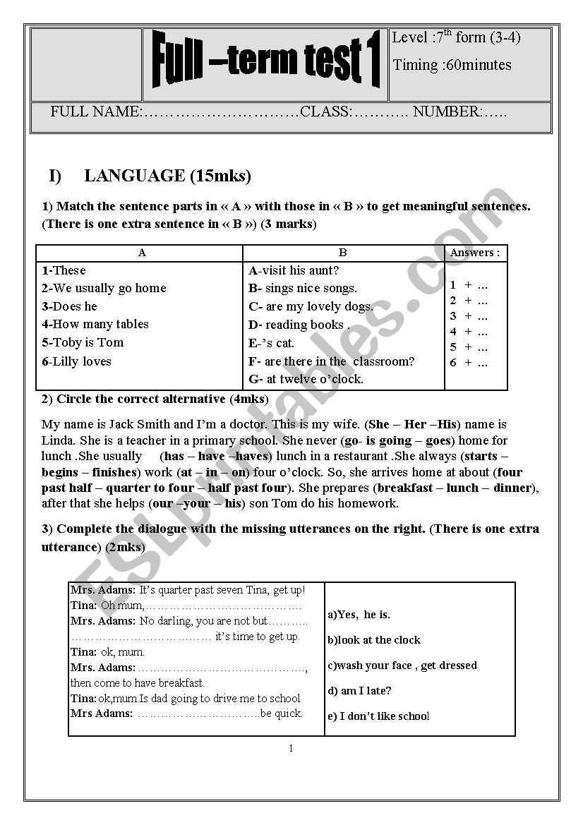 Mid -test 7th form  worksheet