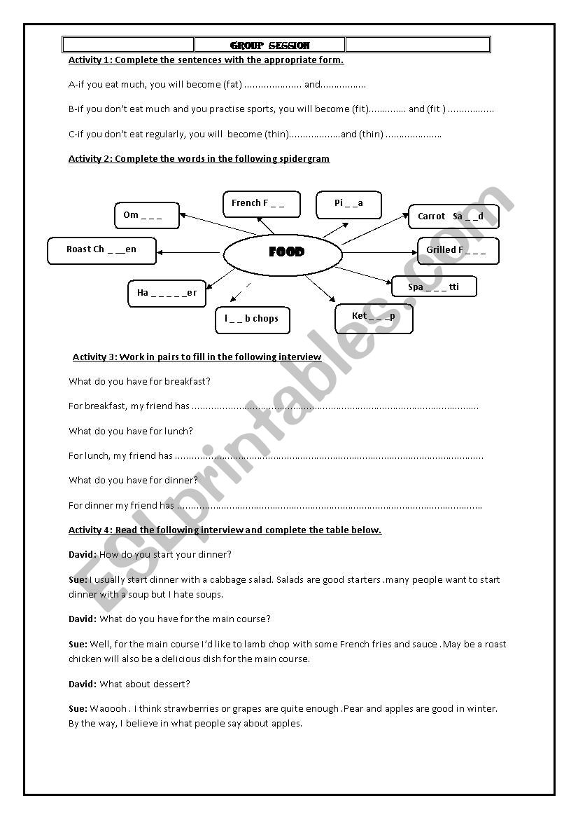 group session 8th form  worksheet