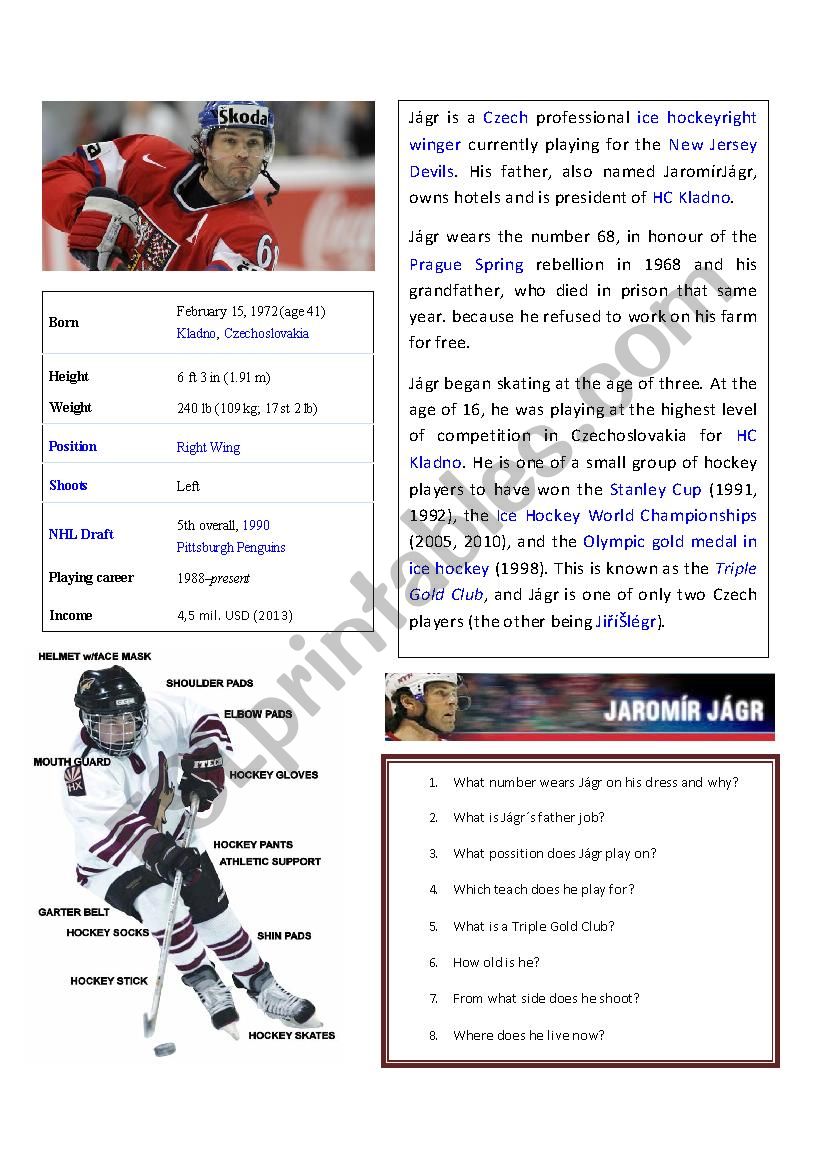 Jagr hockey player  worksheet