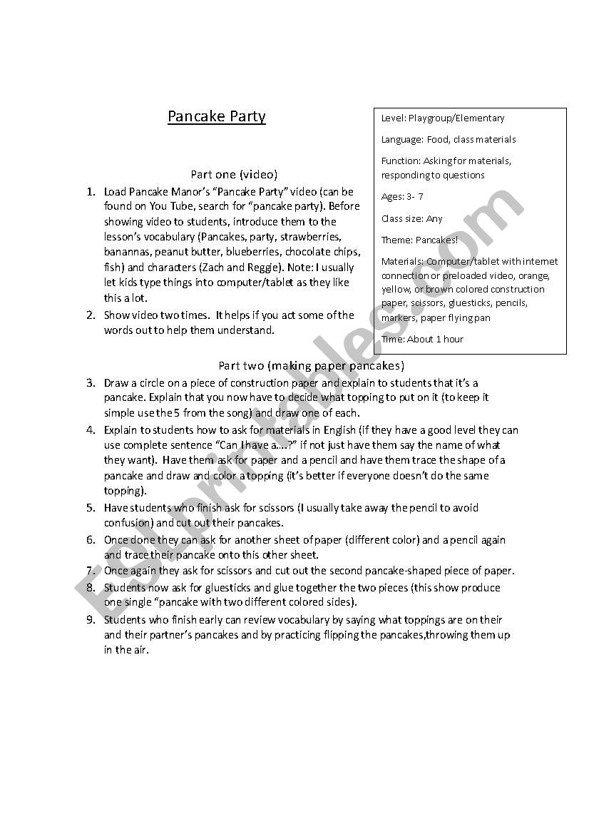 Pancake Party worksheet