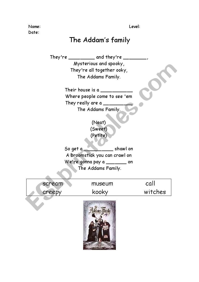 the Addams family worksheet